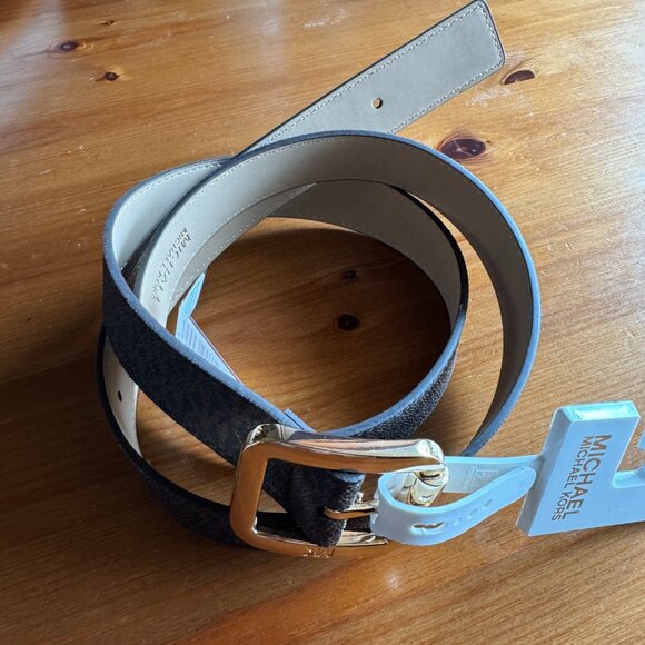 NWT MICHAEL KORS MK Brown/Tan Logo Belt with Goldtone Buckle Style 556267C in XL - Picture 2 of 11